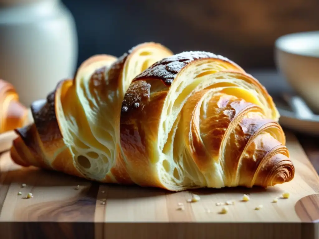 Detalle de un croissant perfectamente horneado sobre tabla de madera, junto a baguettes recién hechas