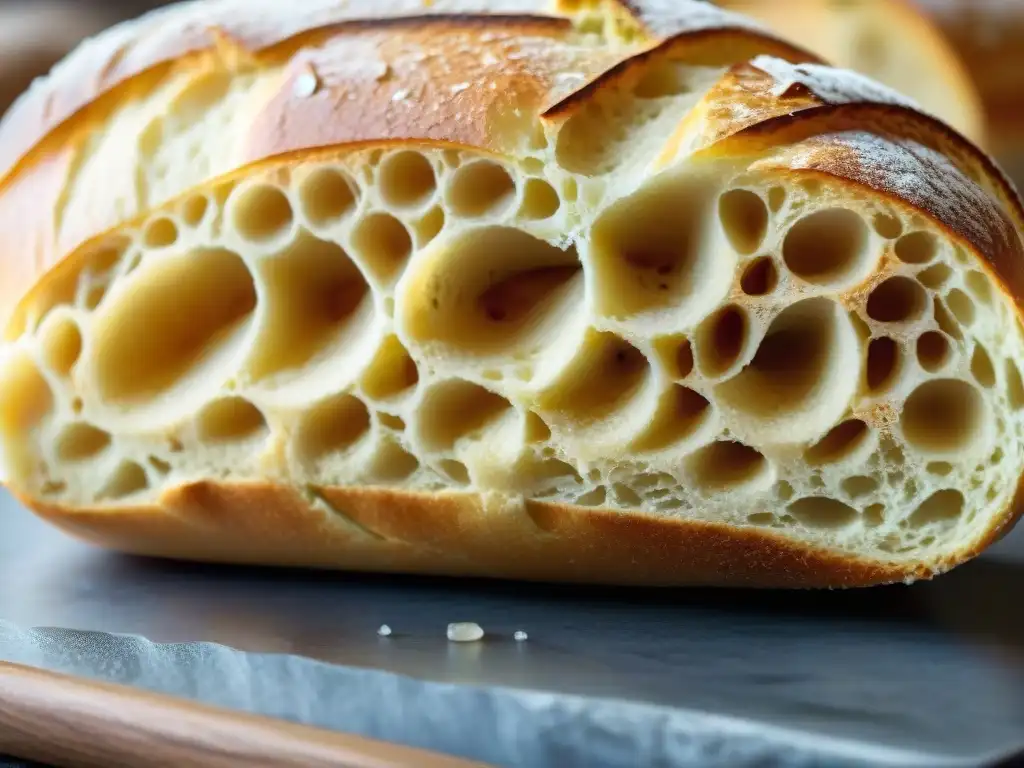 Detalle de una crujiente corteza dorada de baguette francés recién horneado, con sal marina