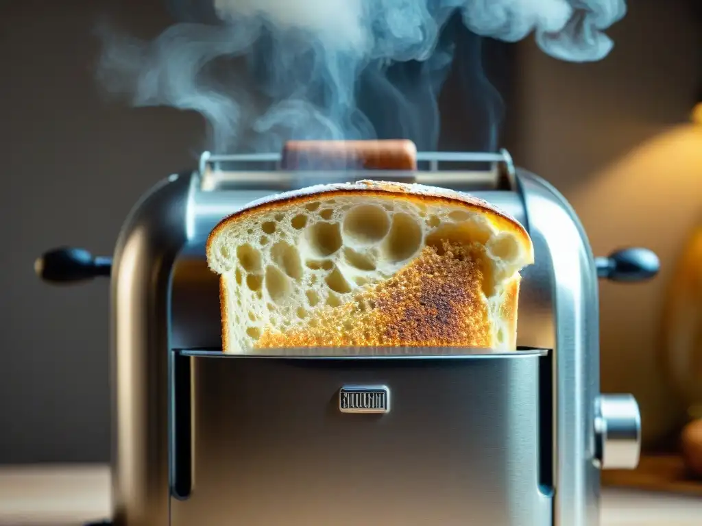 Detalle del crujiente pan francés tostado en un elegante tostador