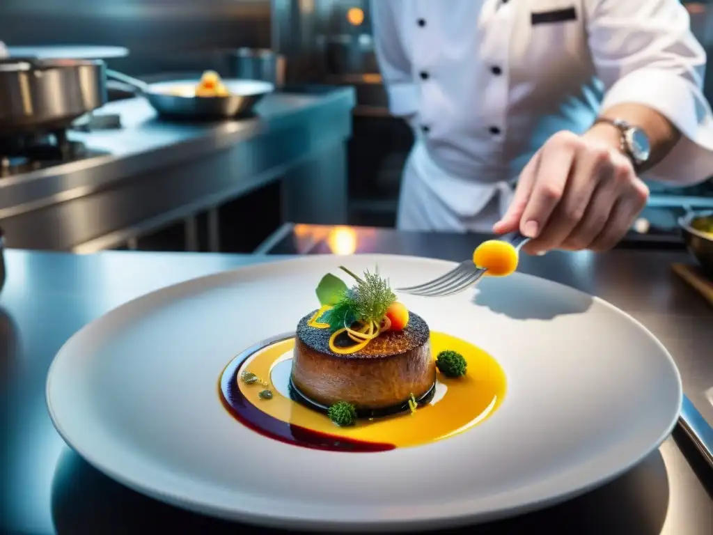 Detalle culinario en restaurante estrella Michelin en Francia, plato de autor con ingredientes coloridos y chefs concentrados en la cocina