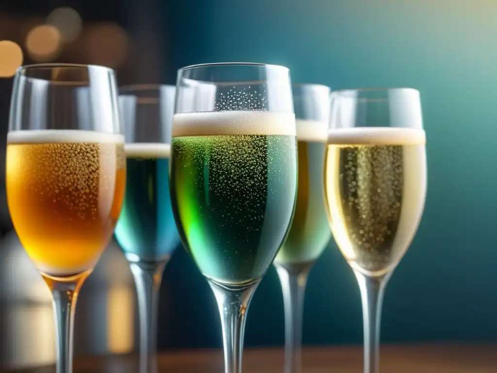 Detalle delicado de copas de champagne, cava y prosecco en elegante ambiente de cata de vinos