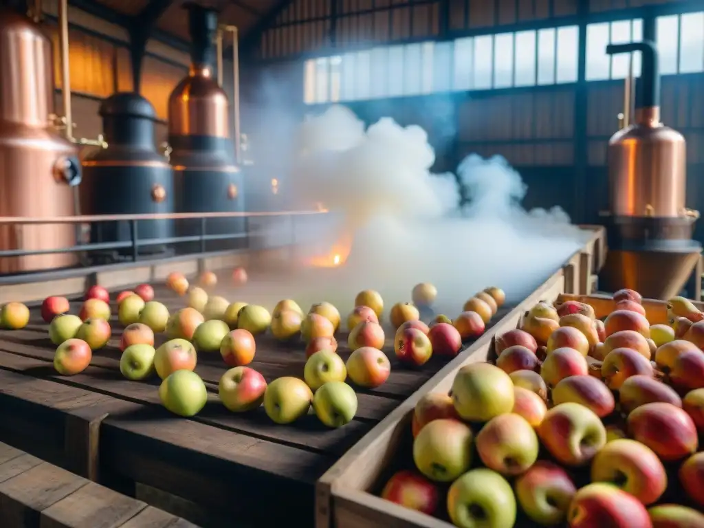 Detalle de destilería francesa en Normandía produciendo Calvados, con alambiques de cobre y manzanas frescas para postres