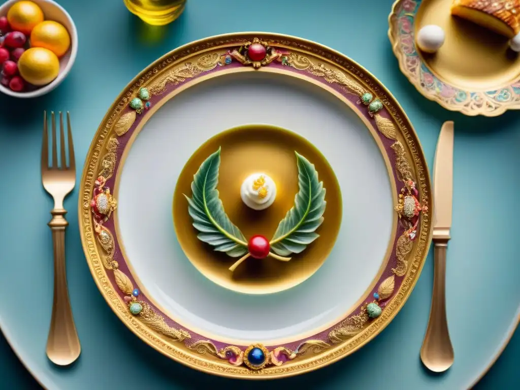 Detalle dorado de un plato del siglo XVII con motivos reales y escenas de banquetes, influencia monarcas gastronomía francesa