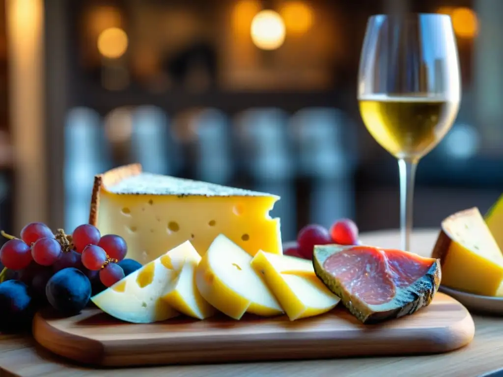 Delicioso Gewurztraminer y tabla de quesos en bistró francés Detalle dorado del vino Gewurztraminer Alsaciano