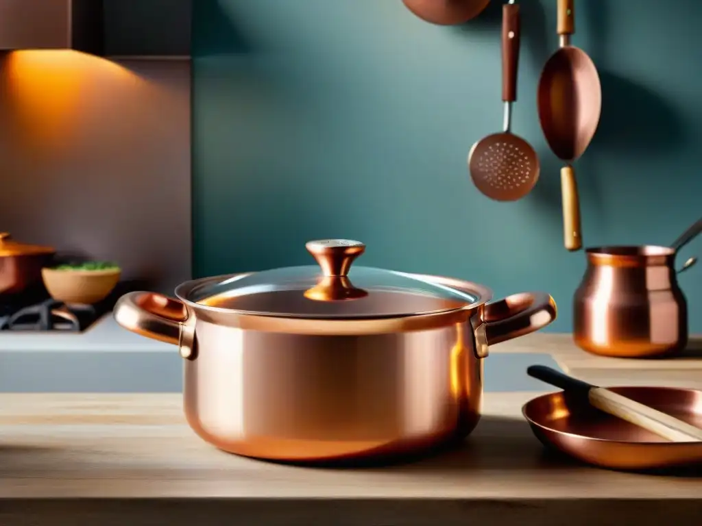 Detalle de una elegante batería de cocina para platos franceses en cobre brillante en una cocina rústica