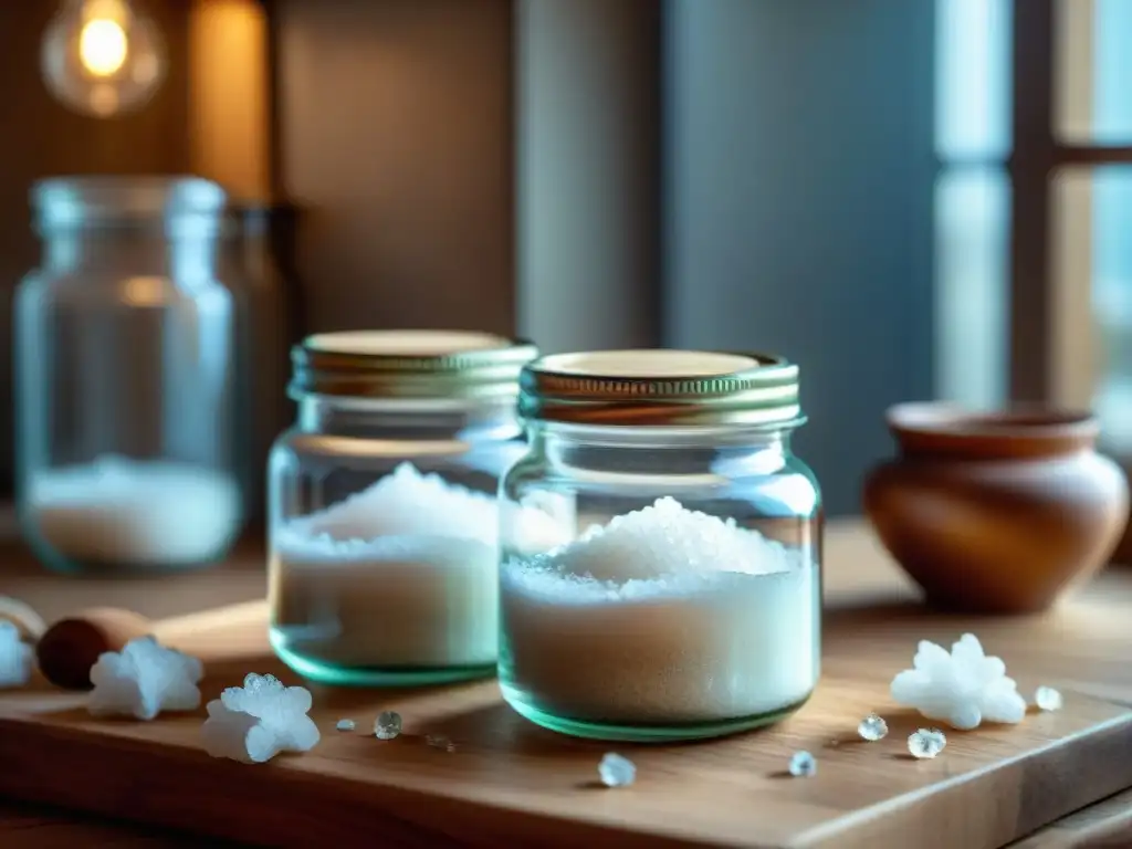 Detalle de dos elegantes frascos de vidrio, uno con Fleur de Sel y el otro con Sal Marina, sobre una mesa de cocina rústica