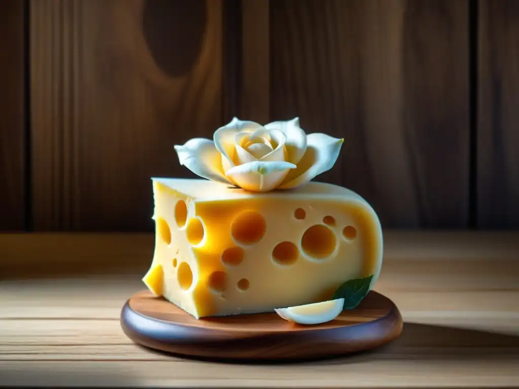 Detalle de escultura de queso tallada con forma de rosa, resaltando la destreza artesanal