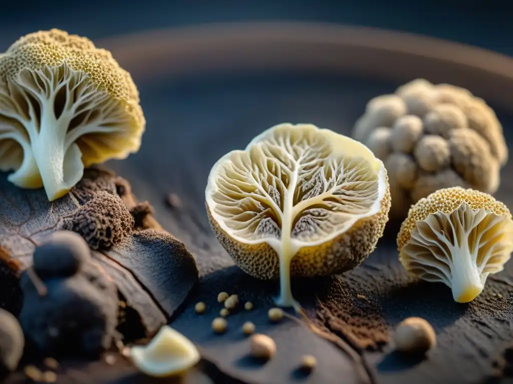 Detalle excepcional de una trufa blanca francesa, mostrando su red de venas blancas sobre la piel oscura, evocando sofisticación culinaria