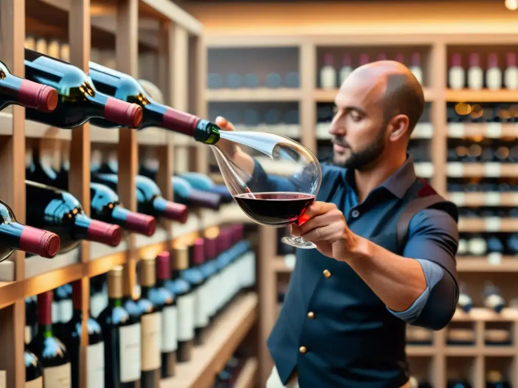 Degustación de vino francés: Elegancia en cada giro Detalle excepcional: Sommelier sirviendo vino tinto francés en cristal