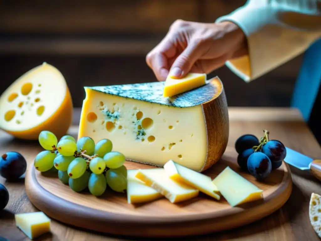 Detalle de un experto en quesos cortando con precisión un Comté francés, mostrando las técnicas de corte de quesos franceses