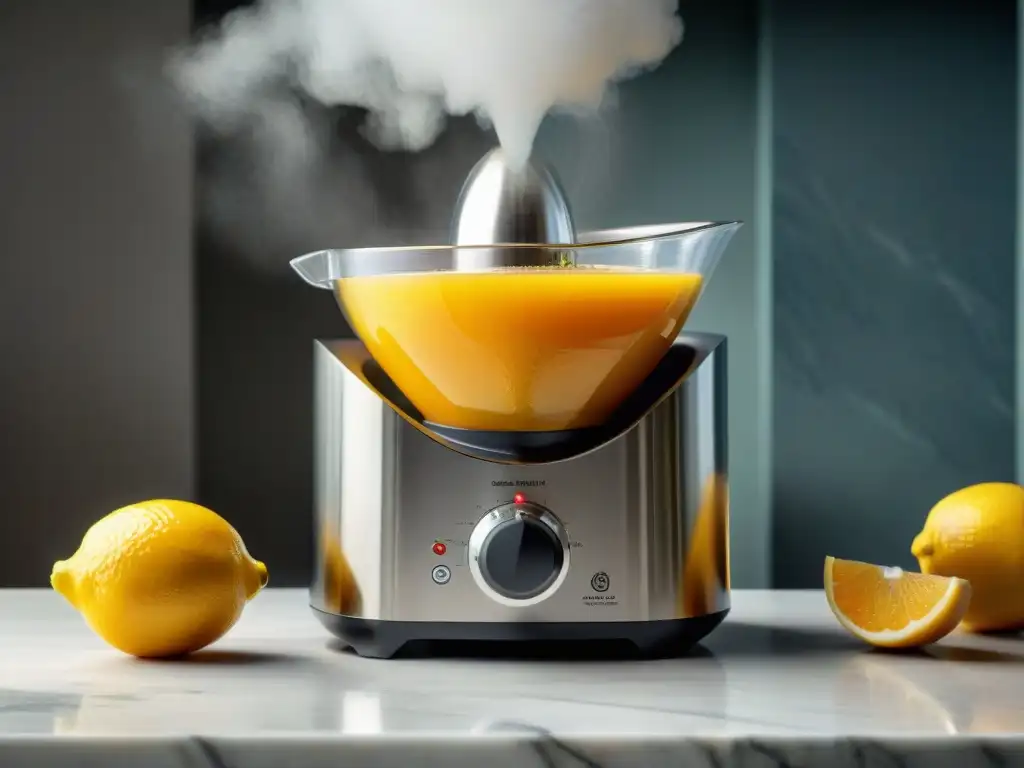 Detalle de exprimidor de cítricos para cocina francesa en mármol con jugo de limón fresco y chef preparando plato clásico