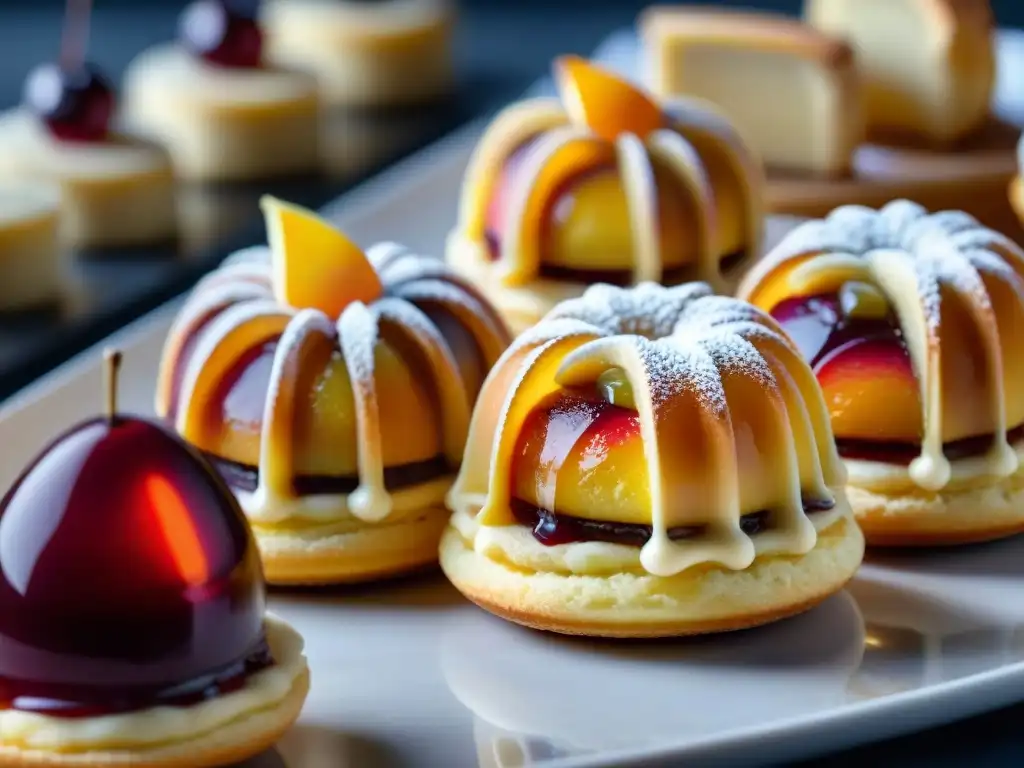 Detalle exquisito de Petit Fours alsacianos recién horneados con capas de hojaldre, rellenos de frutas y glaseados brillantes