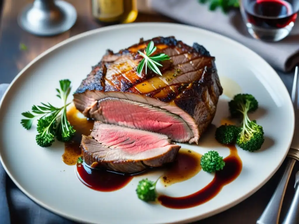 Detalle de un exquisito asado de cordero francés tradicional, con piel dorada y carne jugosa, en un ambiente de festín francés