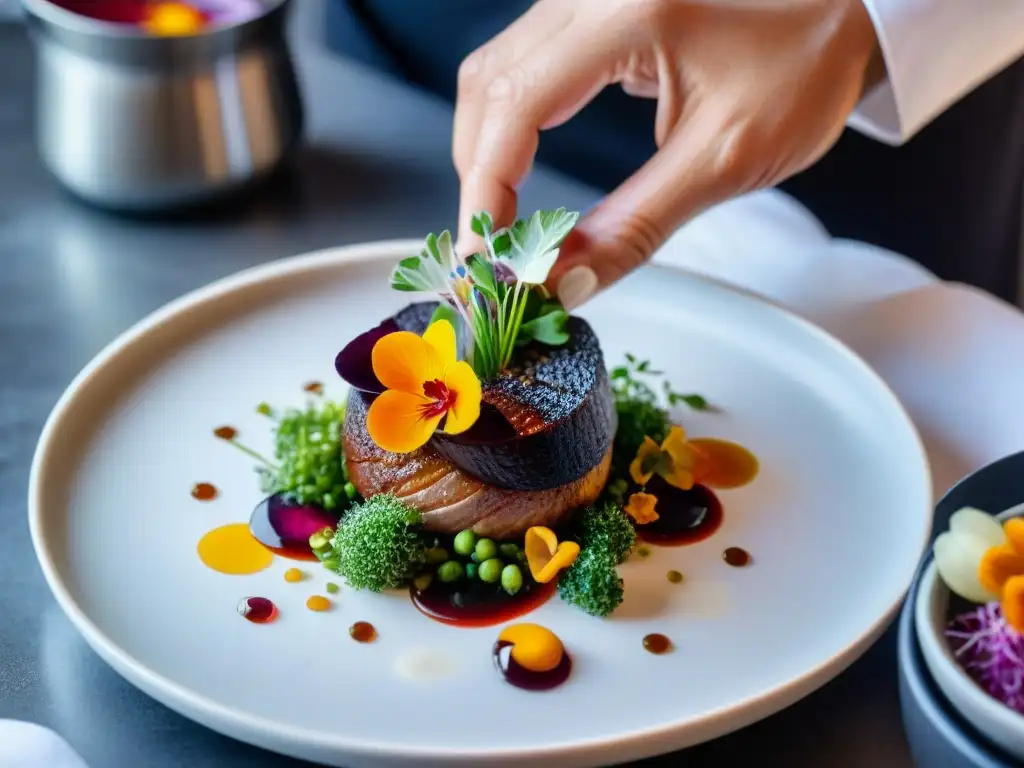 Detalle exquisito de un chef creando una presentación de comida francesa visual con flores, microgreens y salsa