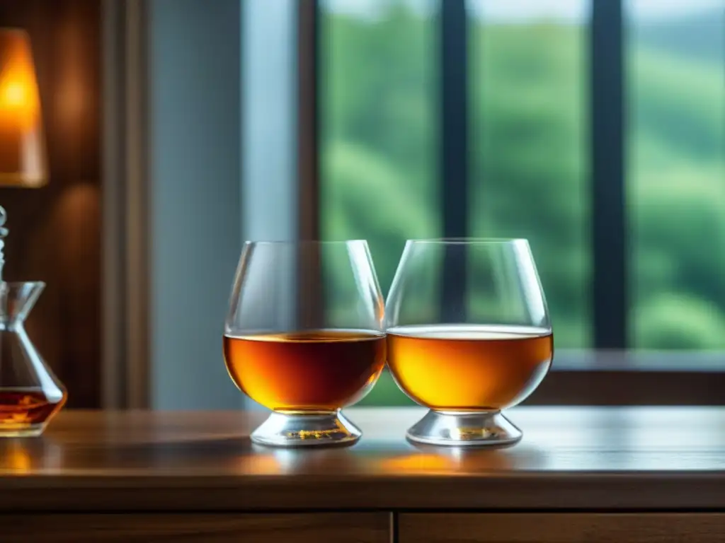 Detalle exquisito: dos copas elegantes con Armagnac y Cognac, diferencias en color y viscosidad