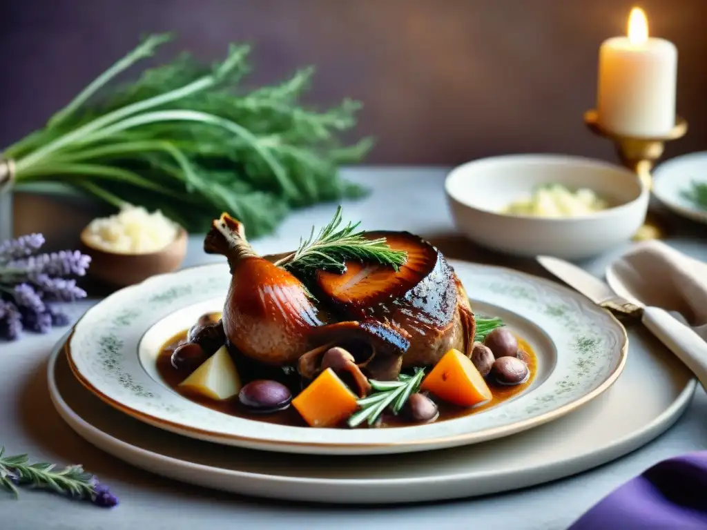 Detalle de un exquisito coq au vin en elegante vajilla francesa en ambiente acogedor