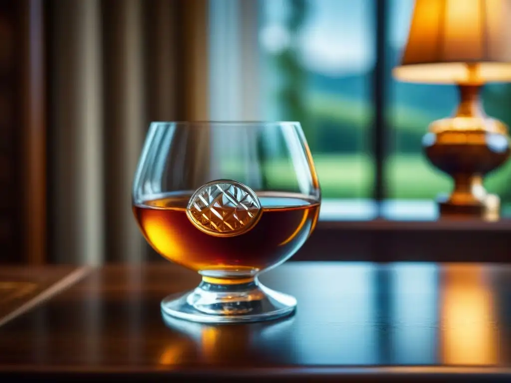 Detalle exquisito: copa de cristal con Armagnac ámbar y otra con Cognac dorado, en mesa de madera iluminada