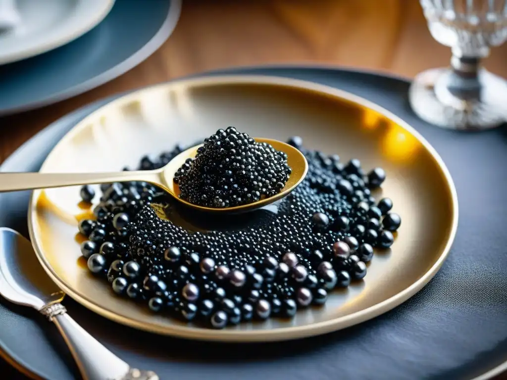 Detalle exquisito de cuchara madreperla con caviar francés sobre plato de plata, ideal para 'Guía para disfrutar caviar francés'