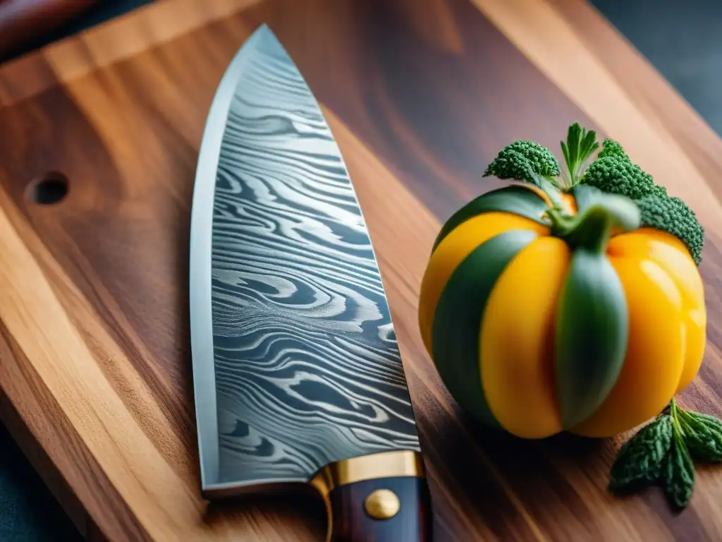 Detalle exquisito de un cuchillo de chef parisino con hoja de acero de Damasco y mango de madera, sobre tabla de corte rústica