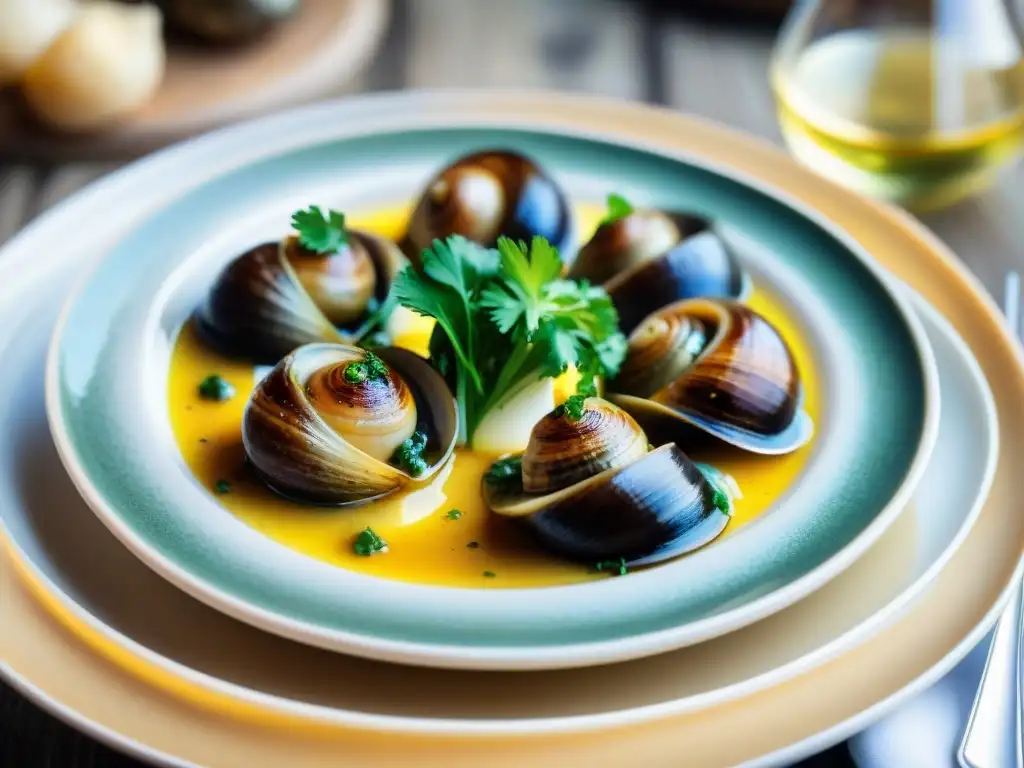 Deliciosos caracoles a la bourguignonne con mantequilla de ajo Detalle exquisito de escargots a la Lorraine en su salsa de mantequilla de ajo, destacando la espiral de los caracoles