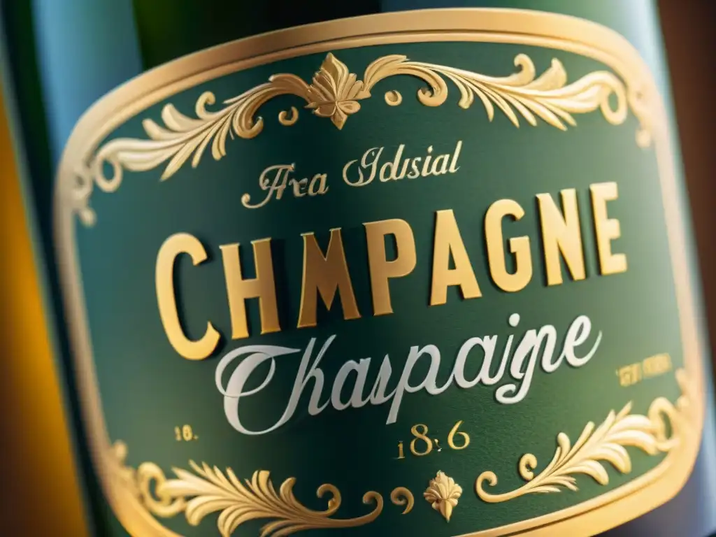 Detalle exquisito de una etiqueta vintage de Champagne con grabados dorados y caligrafía elegante