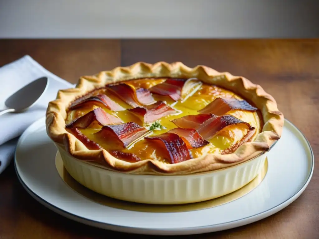 Detalle exquisito de Flamiche Picarde, un pastel francés de Picardía con puerros, crema y tocino, en plato rústico