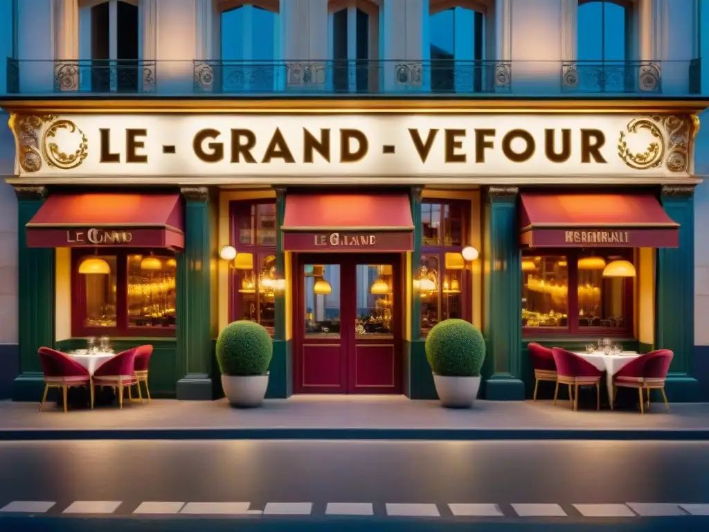 Detalle exquisito del icónico restaurante Le Grand Véfour en París, con arquitectura clásica y ambiente parisino