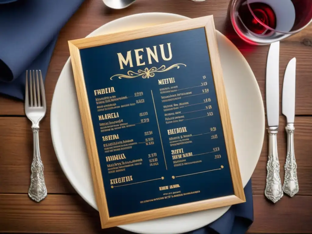 Detalle exquisito de menú de restaurante francés en mesa de madera: Importancia del diseño en menús