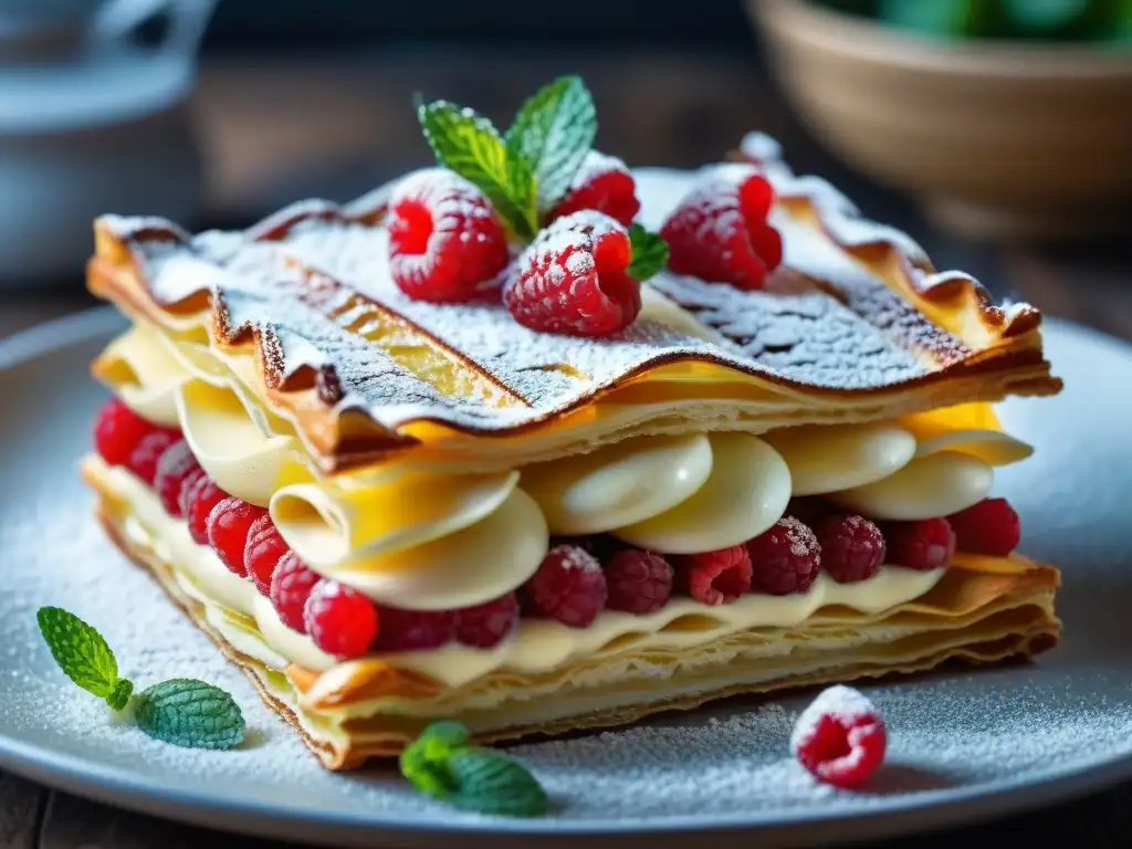 Detalle exquisito de un Millefeuille con crema de vainilla, frambuesas y menta