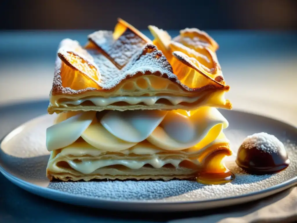 Detalle exquisito de un Millefeuille francés con capas de hojaldre y crema de vainilla