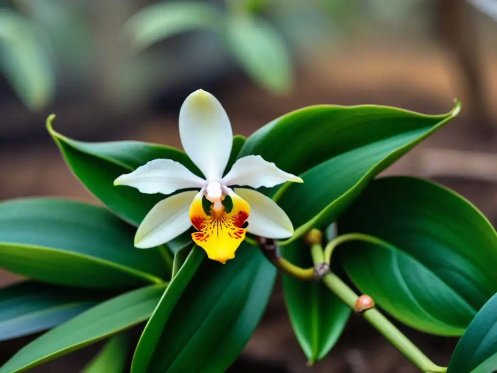 Detalle exquisito de una orquídea vainilla en plena floración, resaltando los tonos amarillos y verdes