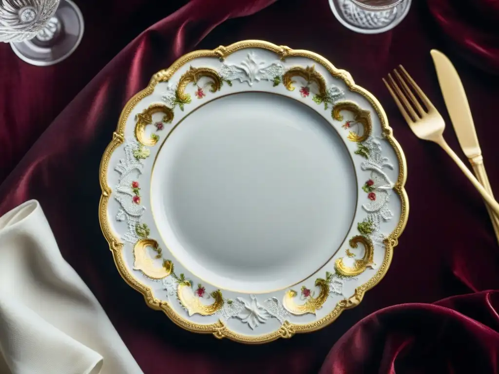 Detalle exquisito de un plato de porcelana Limoges, con filigranas doradas y flores vibrantes en estilo Rococó francés