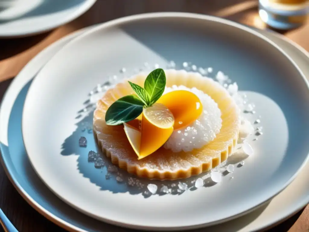 Detalle de un exquisito plato francés resaltado por la Flor de Sal, realzando su textura y brillo cristalino bajo una suave luz natural