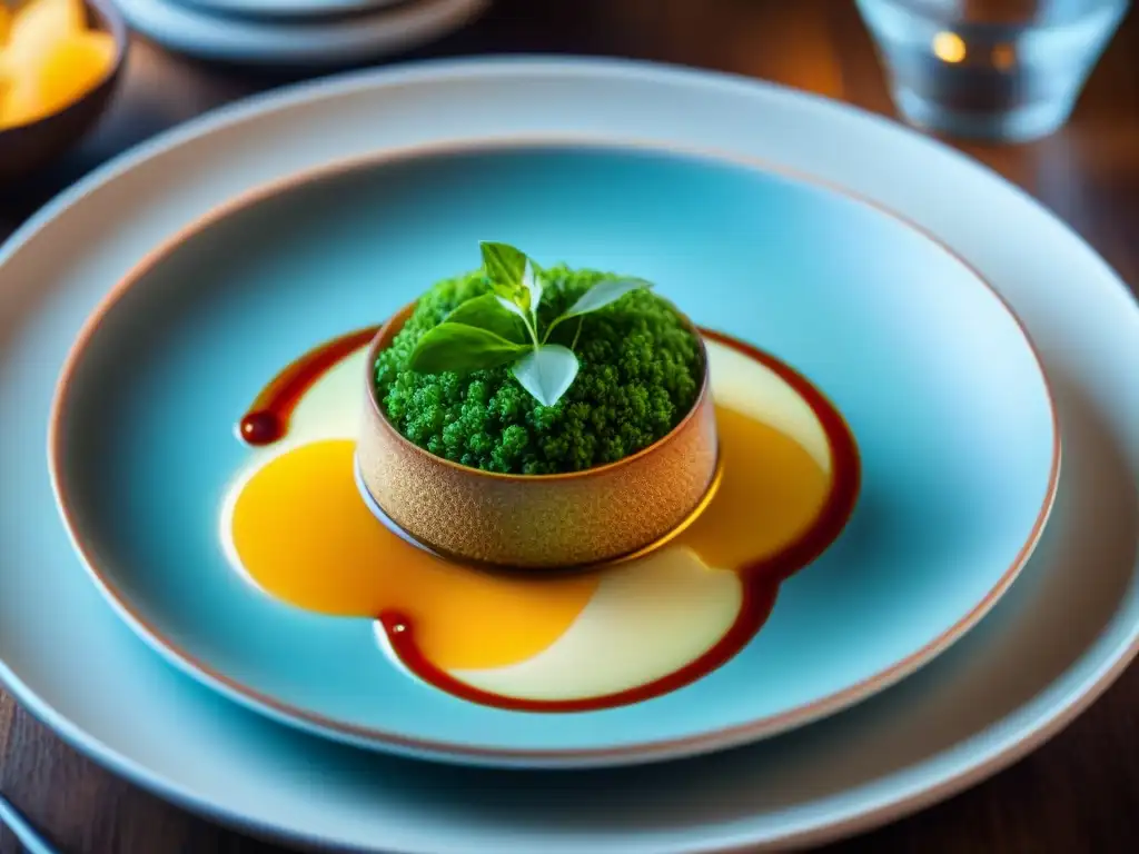 Detalle exquisito de un plato francés estrella Michelin en un elegante restaurante con ambiente sofisticado