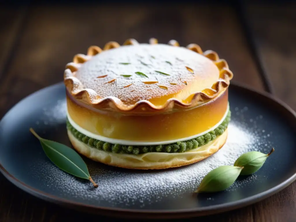 Detalle exquisito de un postre francés con cardamomo, resaltando sus capas y texturas delicadas