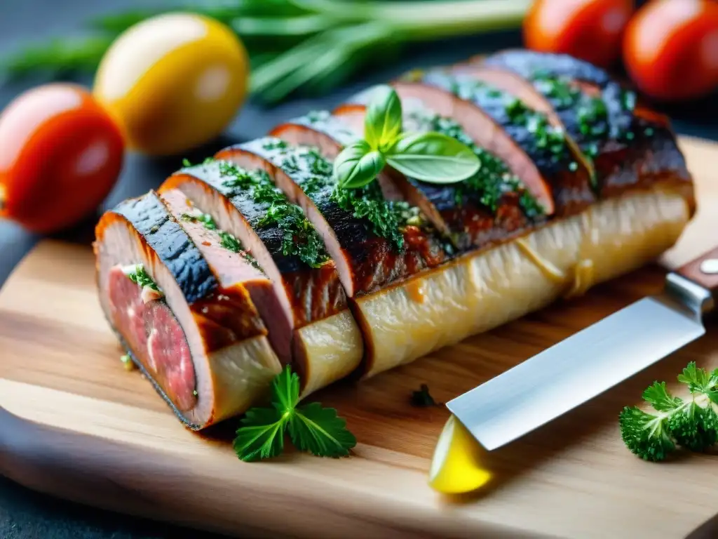 Detalle exquisito de una Andouillette francés tradicional siendo cortada, rodeada de hierbas frescas y especias en tabla rústica de madera