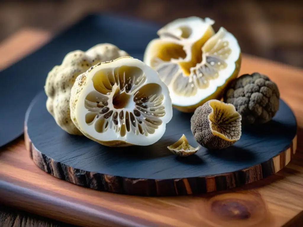 Detalle exquisito de trufas blancas y negras en tabla rústica - Trufas blancas vs negras Francia