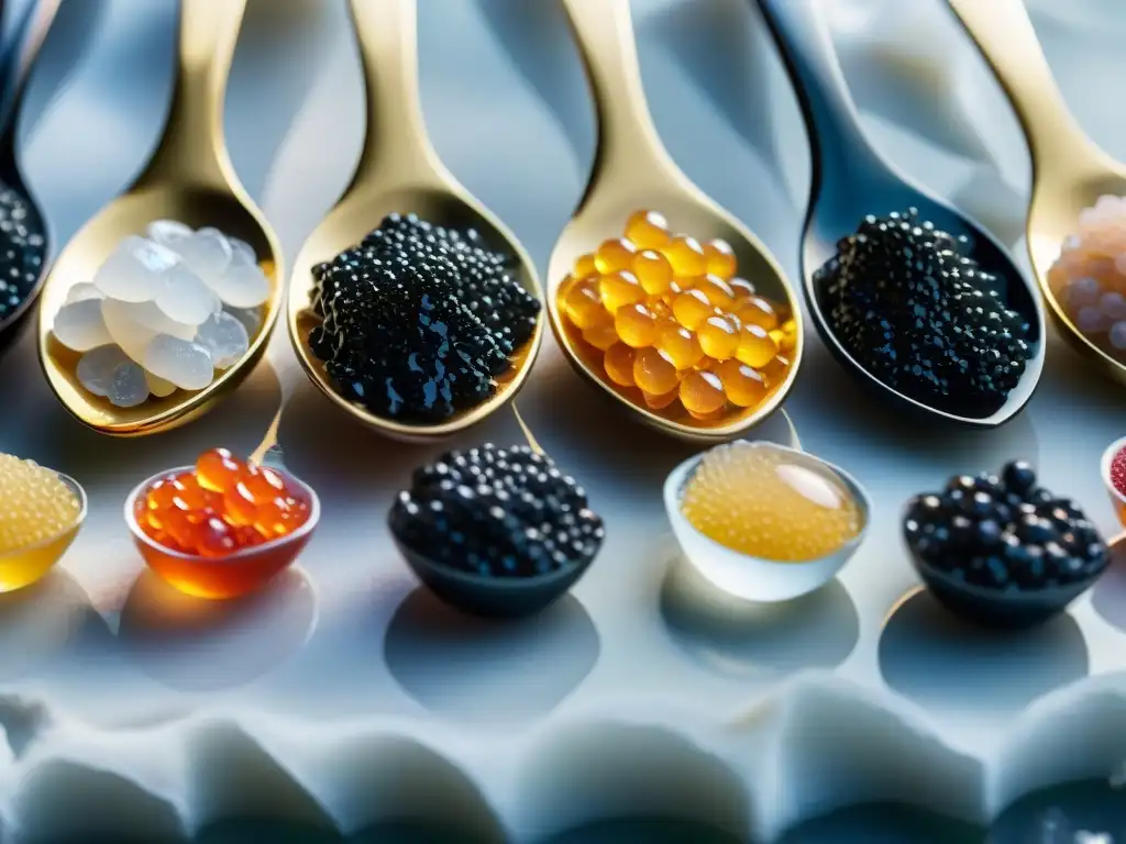 Detalle exquisito de variedades de caviar francés en cucharas de nácar sobre hielo triturado