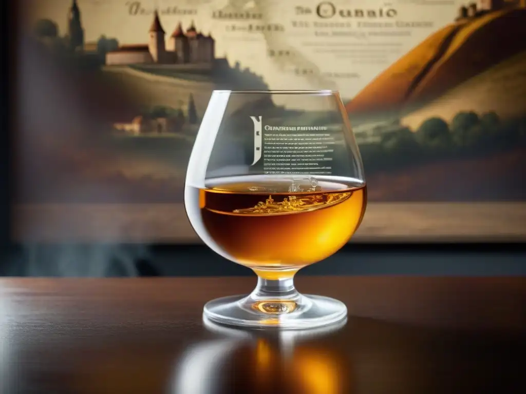 Detalle fascinante de copa de Cognac en mesa de madera elegante con mapa de la región, evocando sofisticación