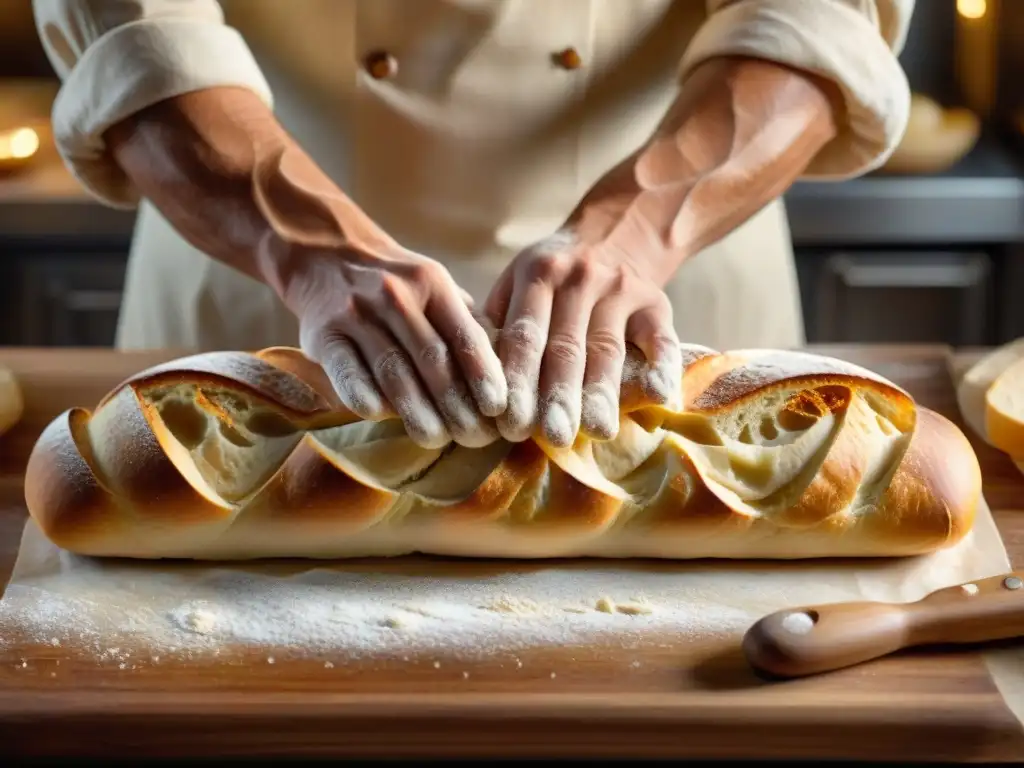 Detalle fascinante: manos de panadero moldeando una baguette, resaltando los secretos para hornear baguette