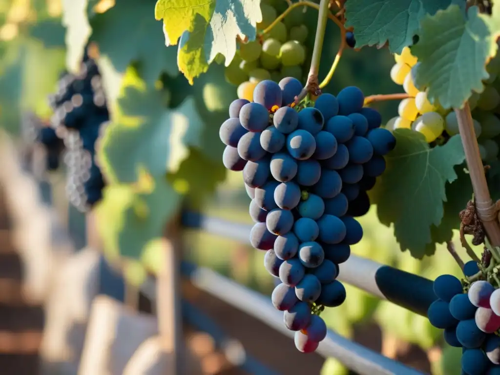 Viñedo francés: Terroir y luz en detalle Detalle fascinante de viñedo francés con red de uvas en suelo diverso y rico
