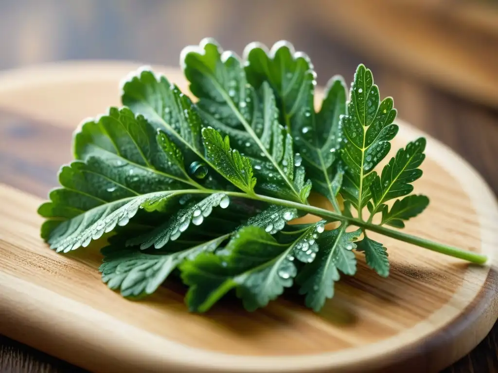 Detalle fresco: hoja de perejil verde con gotas de agua en tabla rústica