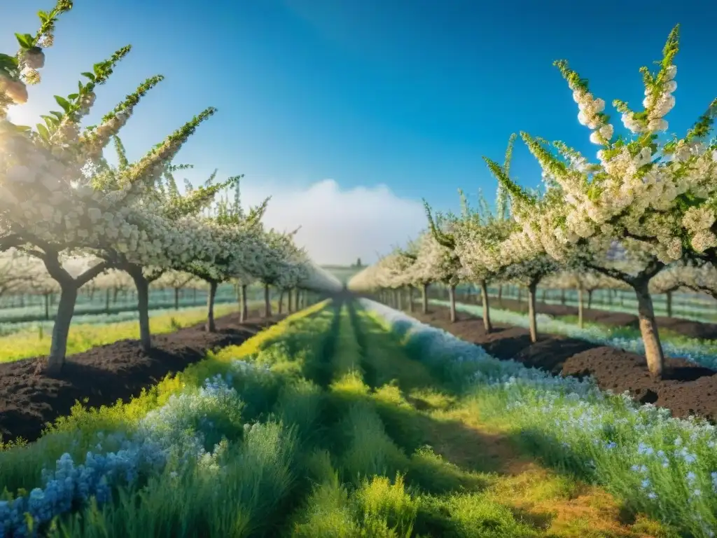 Detalle de un huerto tradicional normando en plena floración primaveral, resaltando manzanos cargados de flores, bajo un cielo azul