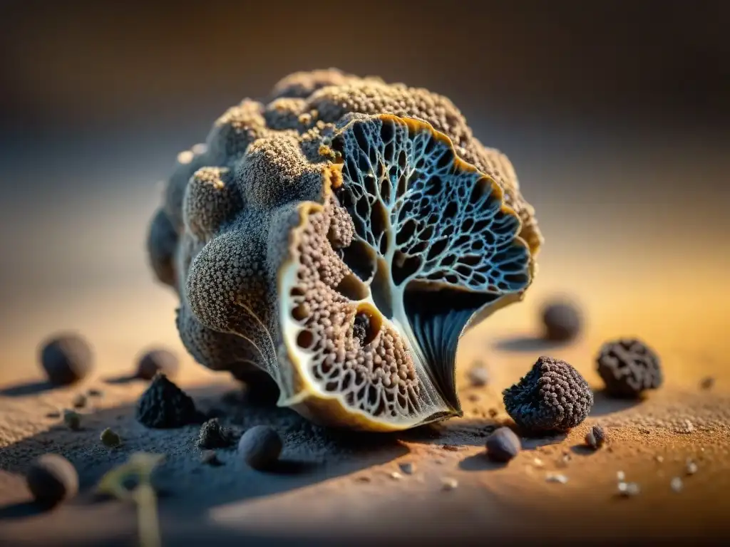 Exquisita trufa negra recién desenterrada: maravilla culinaria Detalle impactante de una trufa negra recién desenterrada, con su intrincado veteado y forma única