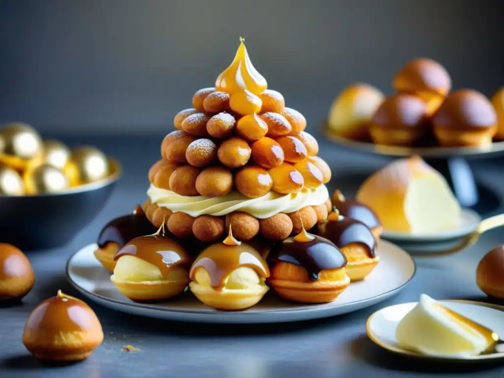 Detalle impresionante de un croquembouche francés en una pastelería, historia gastronomía francesa influencia cultural