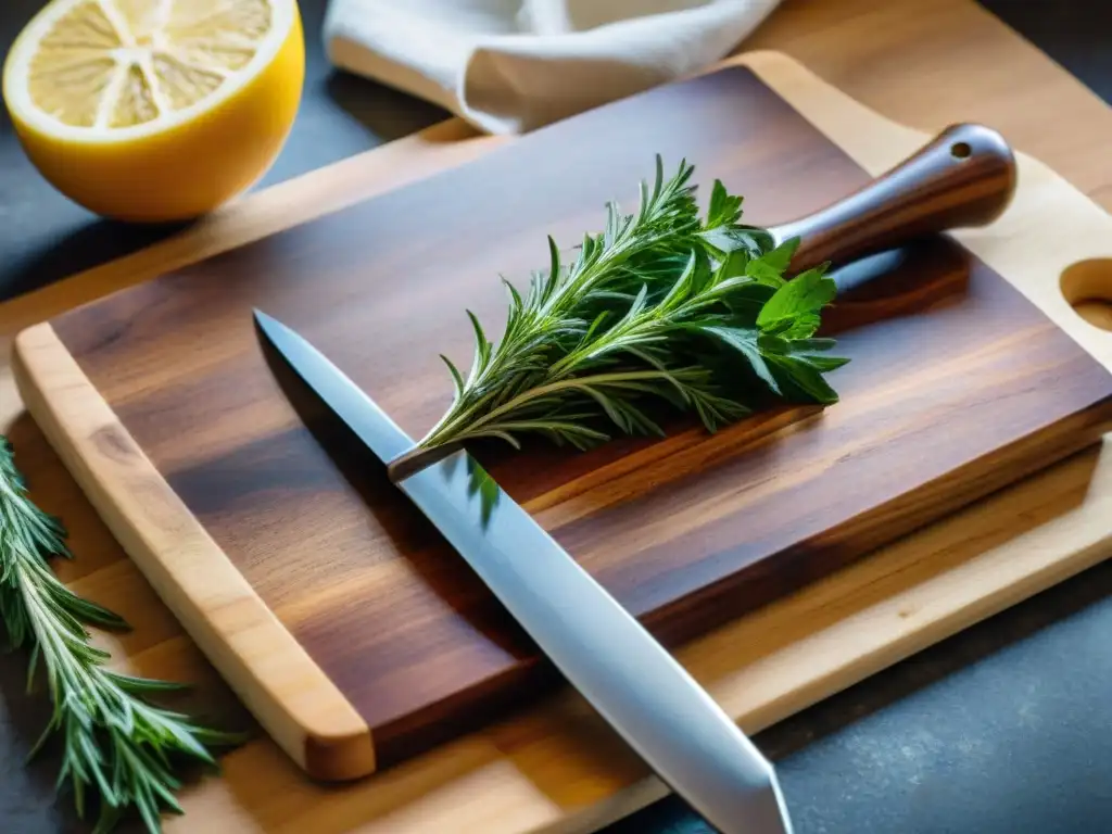 Tabla de cortar de madera y cuchillo de chef: arte culinario francés Detalle impresionante de tabla de cortar de madera antigua con cuchillo francés, reflejando la luz natural