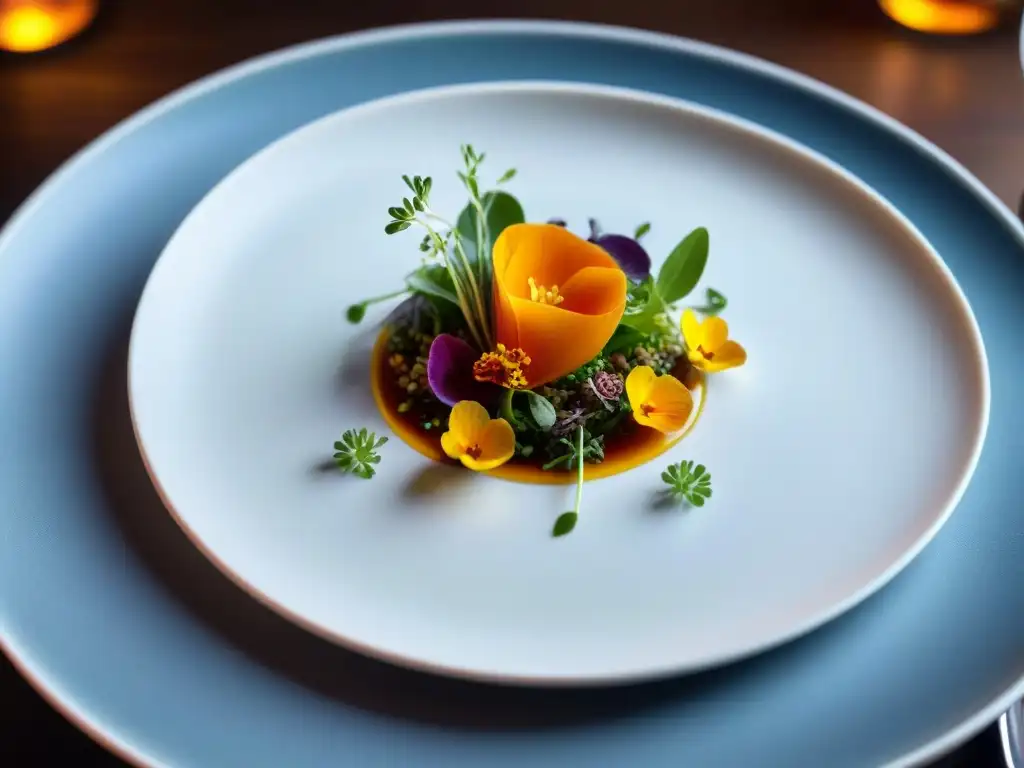 Detalle de innovaciones culinarias en la gastronomía francesa: exquisito plato con microgreens y flores comestibles en restaurante elegante