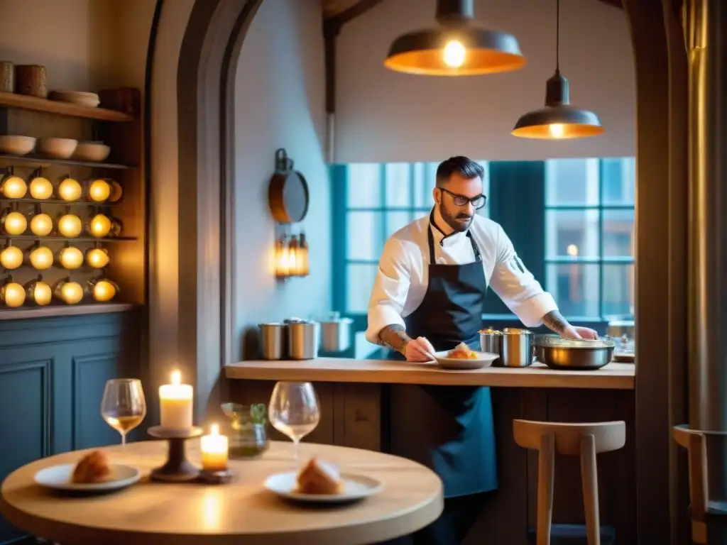 Detalle íntimo de un rincón de bistró en Lille, con velas, cocina abierta y ambiente acogedor