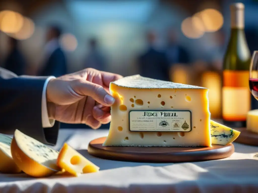 Detalle de un juez sosteniendo queso francés en concurso de quesos vinos franceses