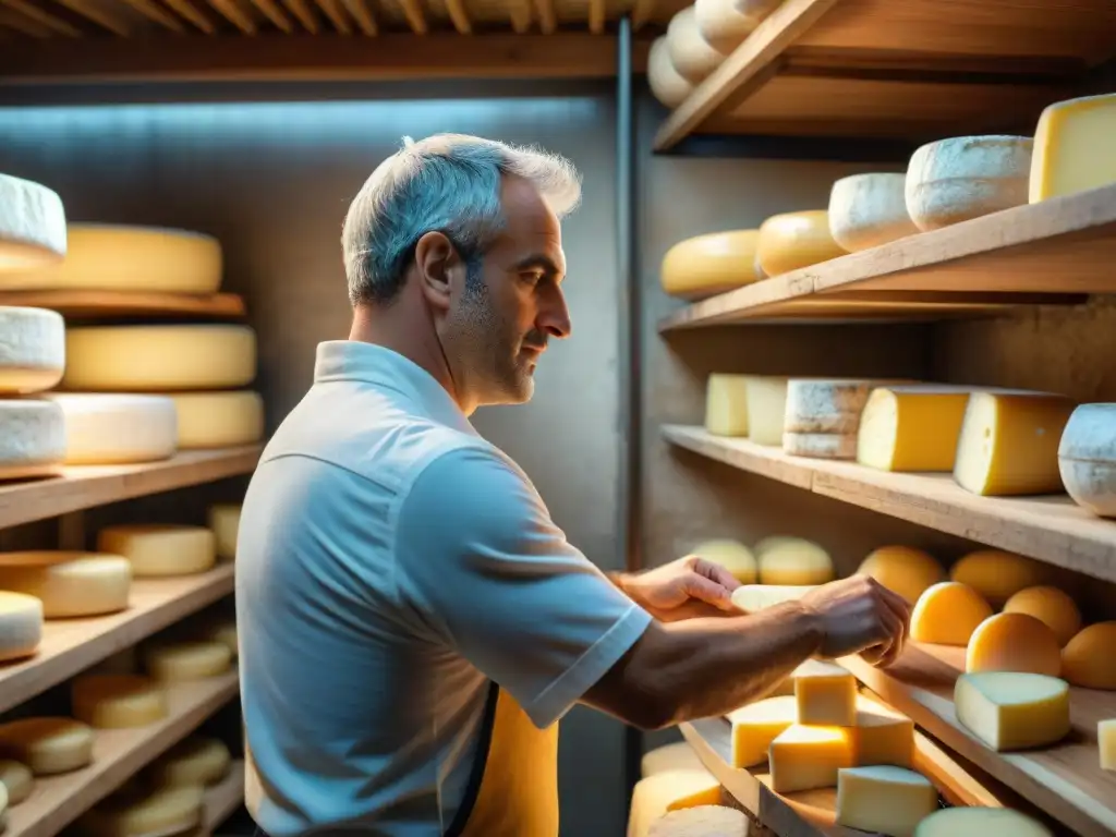 Detalle de la maduración del queso francés: affineur inspecciona ruedas de queso en bodega tradicional, con herramientas de trabajo